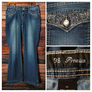 9.8 Premium Jeans Size 12 Embellished Boot Cut Mid Rise Rhinestone Studded Dark
